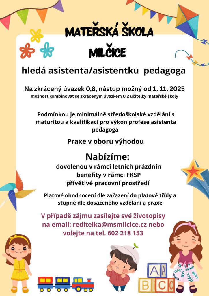 MŠ Milčice hledá asistentku